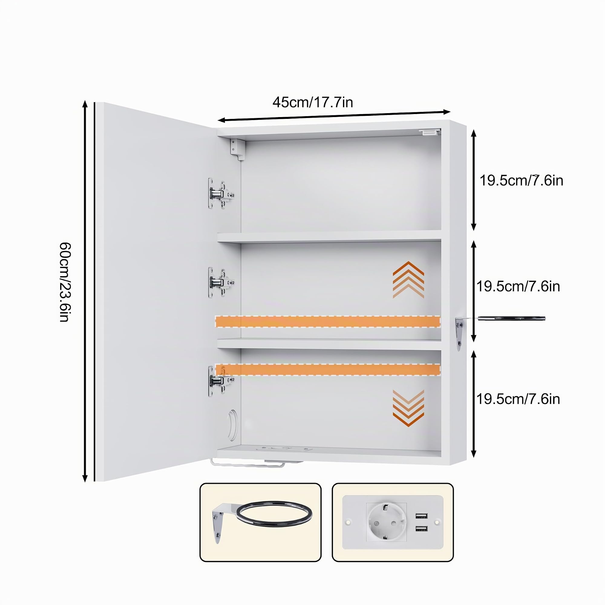 Armario Baño con Espejo LED iluminación y Función de Desempañado Armario de Pared Colgante con Enchufe Soporte para secador de Pelo y 2 Estanteria Ajustables 45 * 15 * 60 cm Blanco