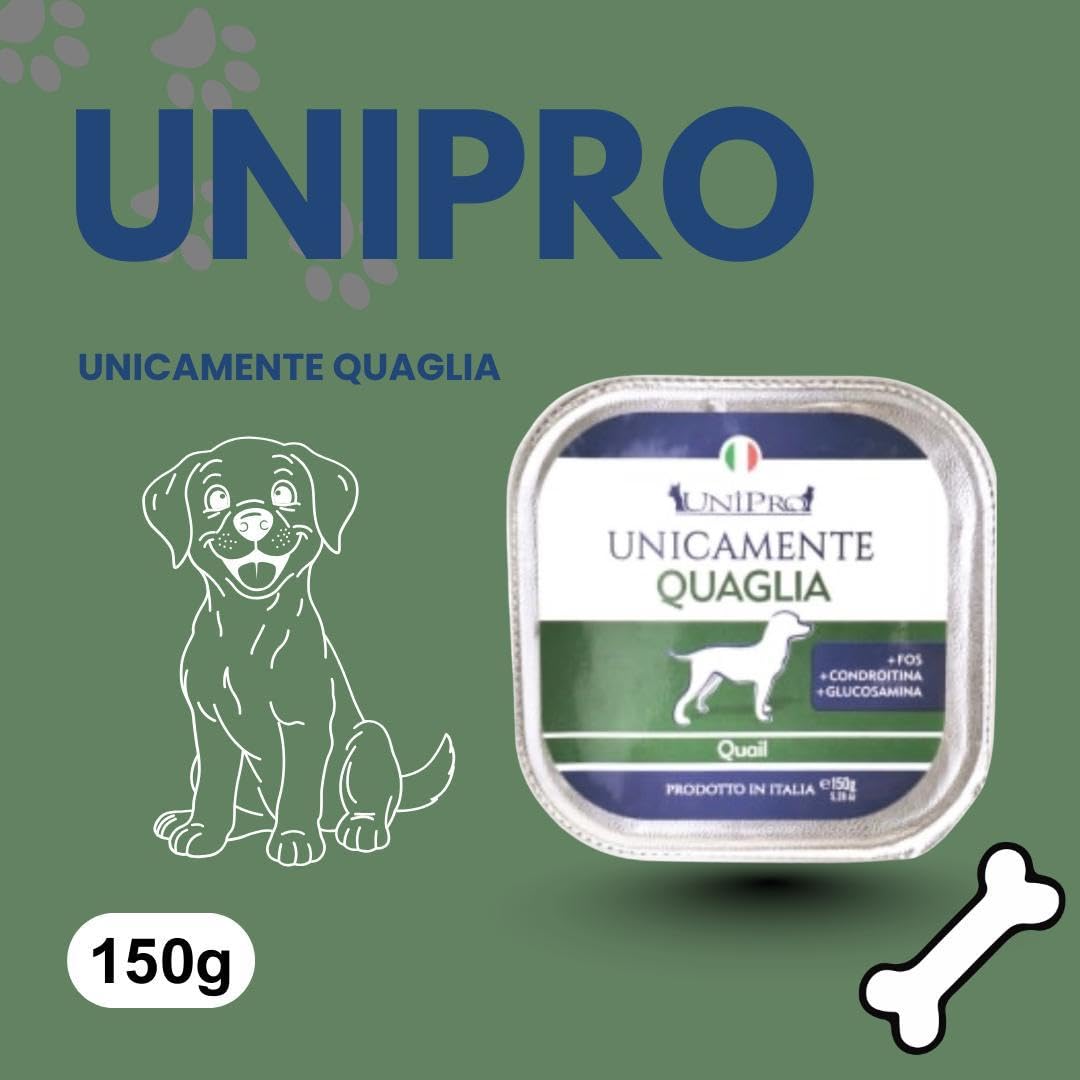 Umido Unipro Cane Unicamente Quaglia, alimento completo monoproteico per cani adulti di tutte le taglie e razze | 12 vaschette da 150 grammi l’una, 12x150gr.