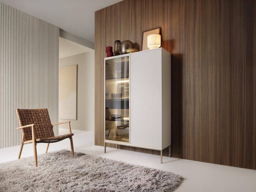 Vente-unique-Vitrina 2 Puertas y 1 cajón con Leds de MDF y Vidrio Ahumado - Beige y Negro - Ovila