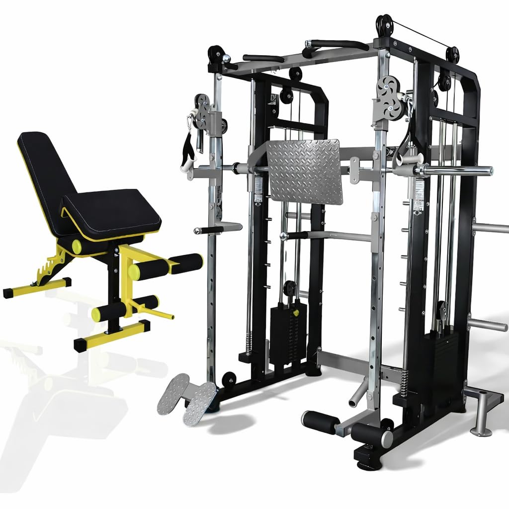 multi gym functional trainer with smith machine with iron weight stack 80 kg both side for home gym equipment with bench (grey black) | free installation