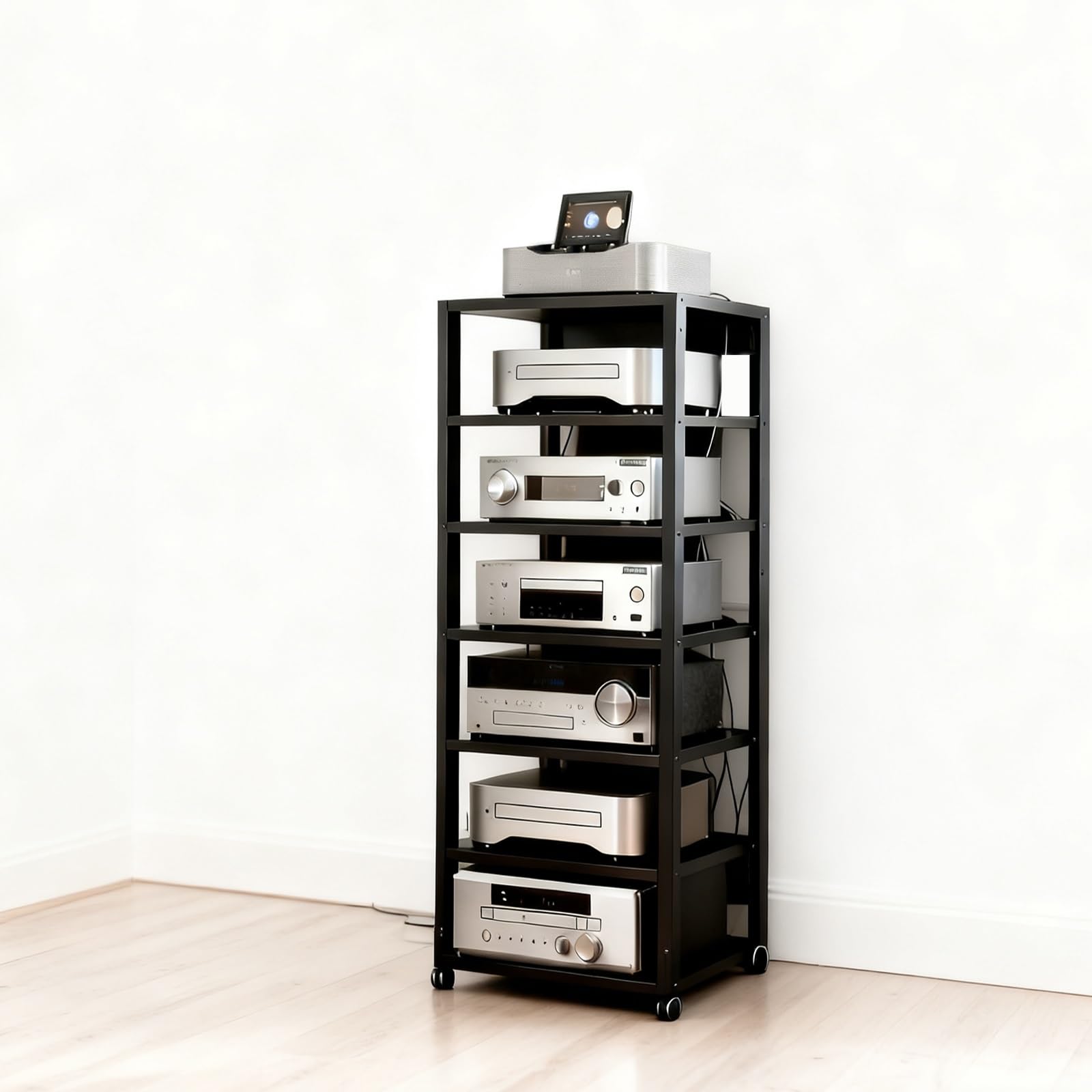 CWCQGH 7 Tier Black Rack Shelf with Wheels Media Tower Cabinet for Record Player Stereo Stand Audio Storage Shelves Home Entertainment,Black