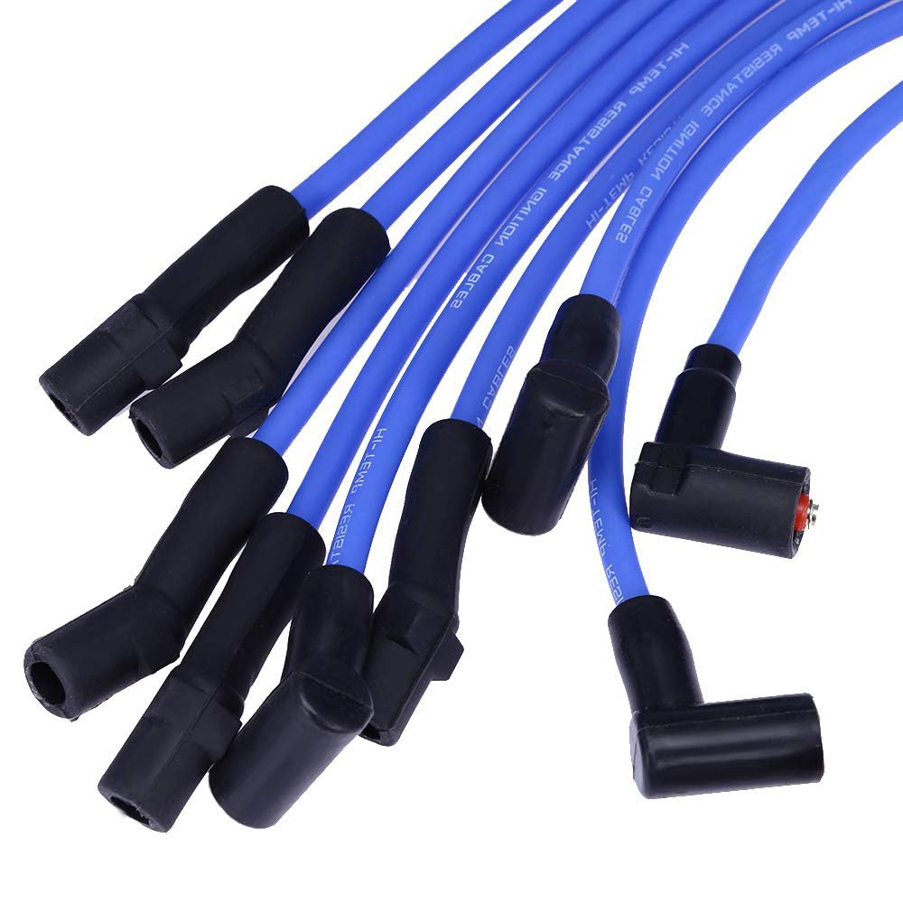 Unifizz Jeu de câbles de bougie d'allumage bleus de course 9 mm, fils d'allumage de rechange pour moteurs for Ford Mustang, F-150, 5,0 L et 5,8 L V8, SBF 302 Windsor