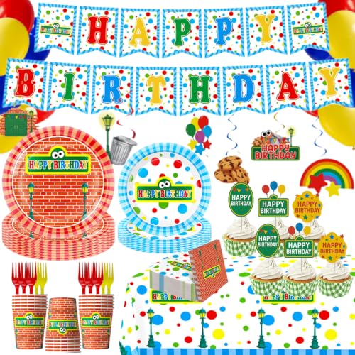 152 PCS Cartoon Street Birthday Party Decorations & Tableware Set - Includes Banner Tablecloth Plates Napkins Cups Forks Balloons Cake Toppers - Primary Colors Party Supplies Serves 20