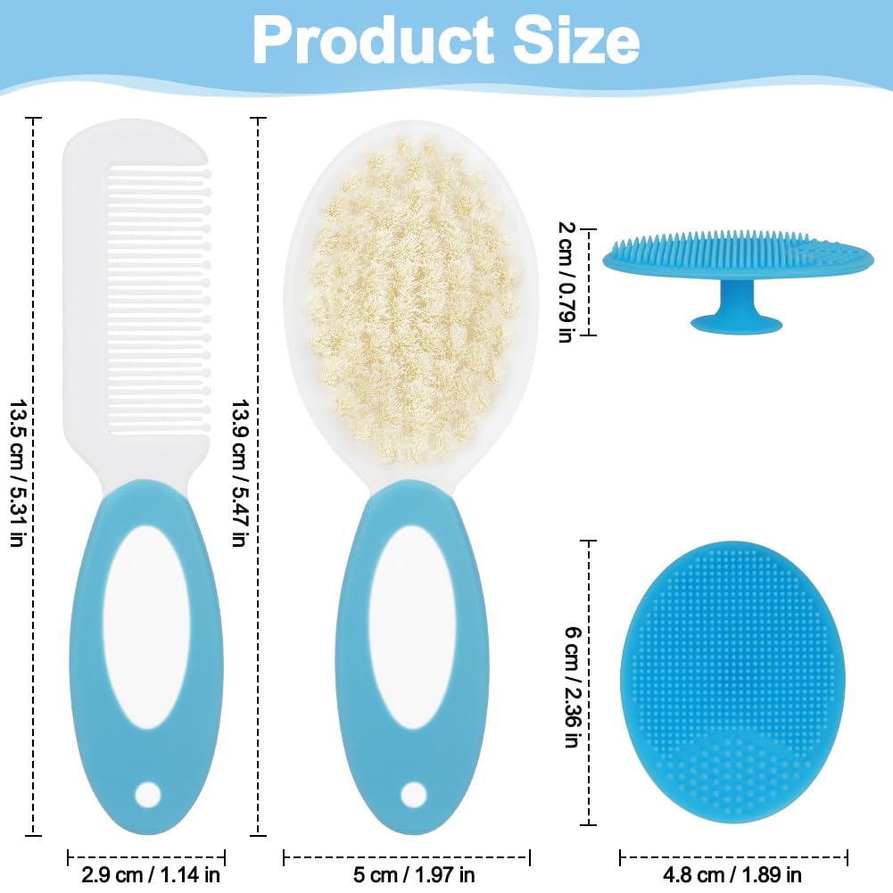 3PCS Ensemble Brosse à Cheveux et Peigne pour Bébé, Brosse à Cheveux avec Poils Naturels Doux, Manche Antidérapant, Cadeau de Fête Prénatale, Ensemble de Soin des Cheveuxs, B