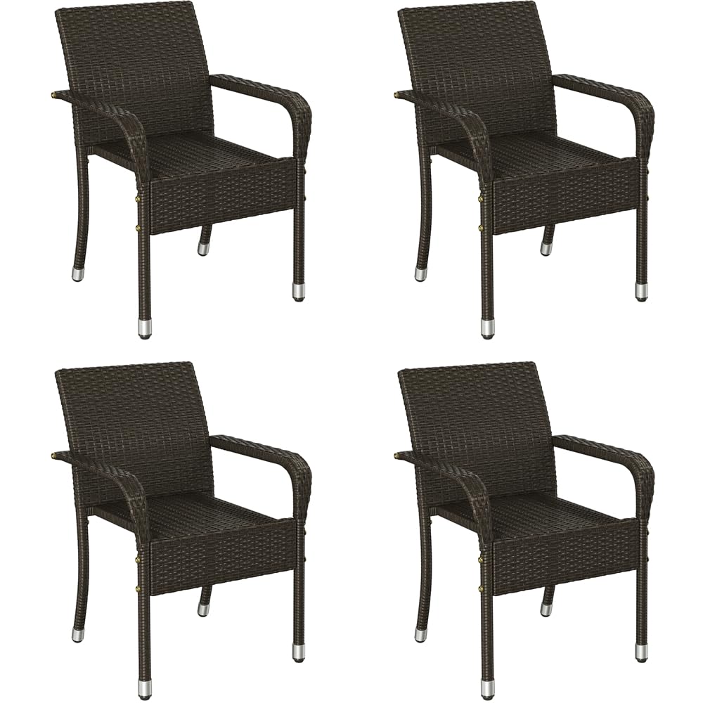 Yaheetech Set di 4 Sedie Impilabili in Rattan Sedia da Giardino con Braccioli Piedini Regolabili e Schienale per Giardino Balcone PatioTerrazza Marrone