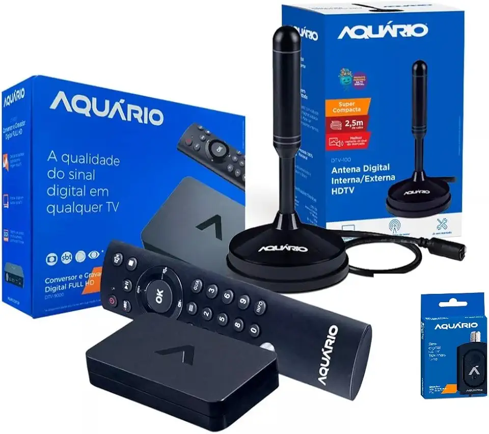 Kit Conversor Digital Aquário DTV-9000 Full HD para TV Aberta, Gravador USB, HDMI e AV, Antena Externa, Booster Amplificador Sinal 10x