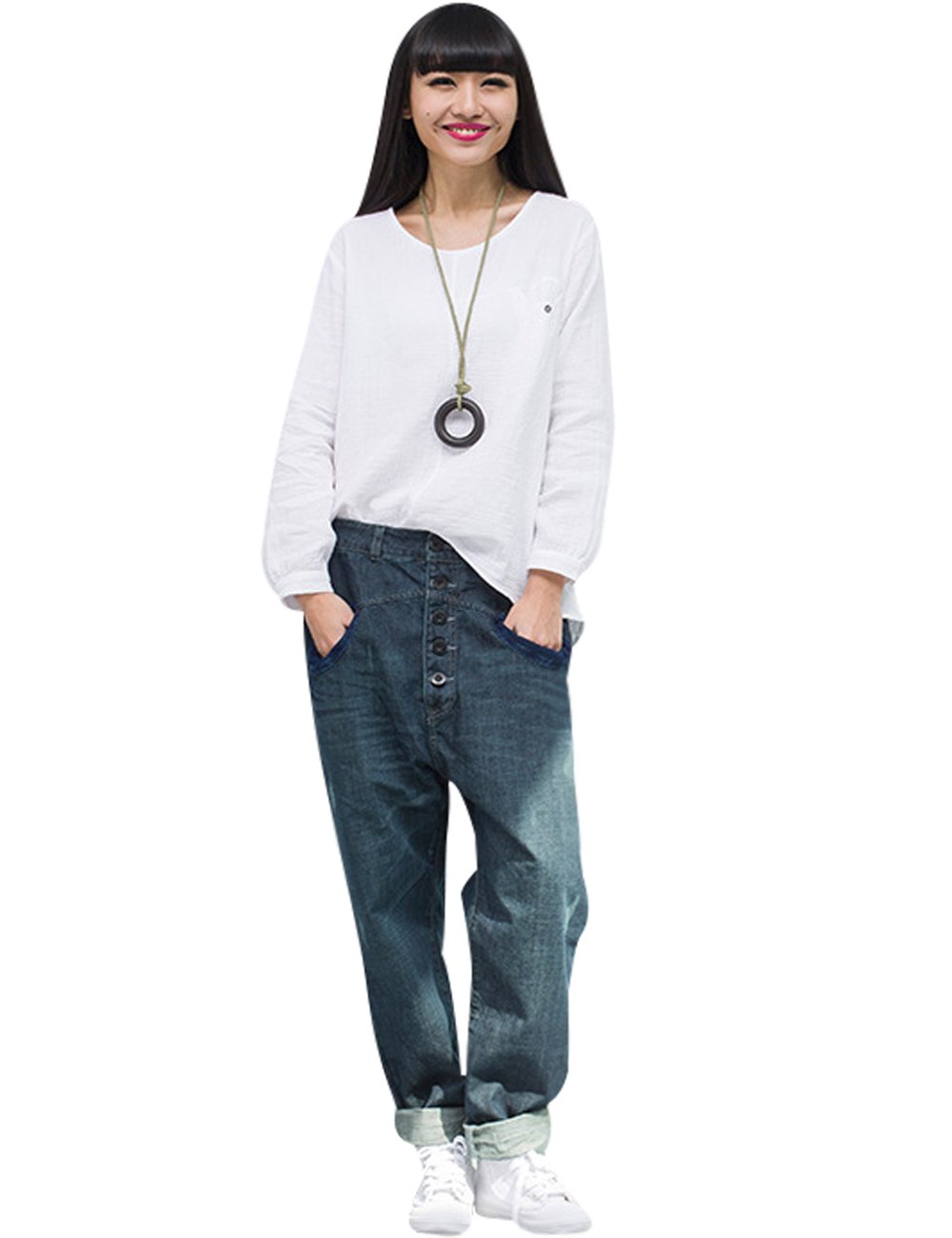 Youlee Femmes Pantalon élastique en Harem de Taille Jeans en Coton
