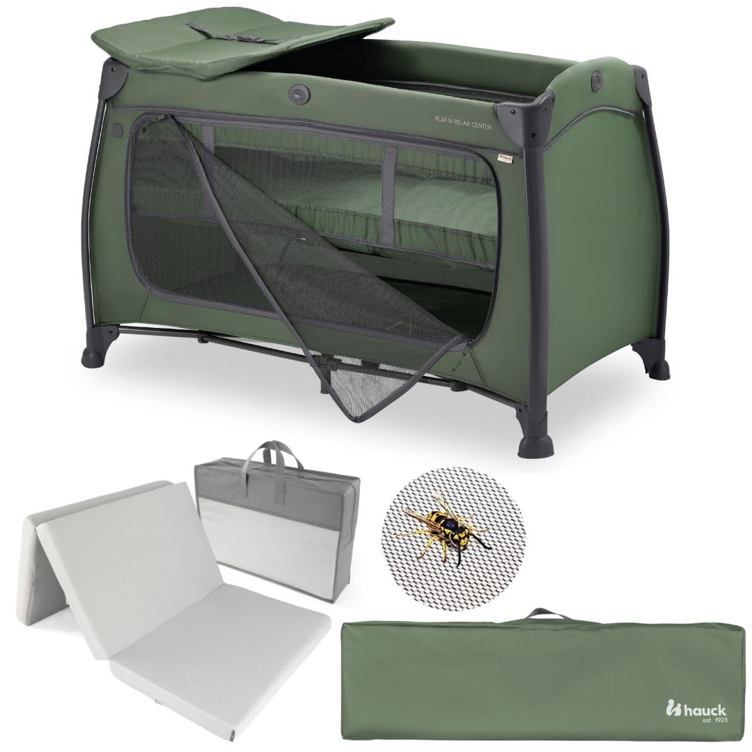 hauck Lettino da Viaggio Play N Relax Center con Materasso e Zanzariera, Lettino Campeggio Neonato con Fasciatoio, Inserto Neonato, Ruote e Borsa Trasporto, Verde Scuro