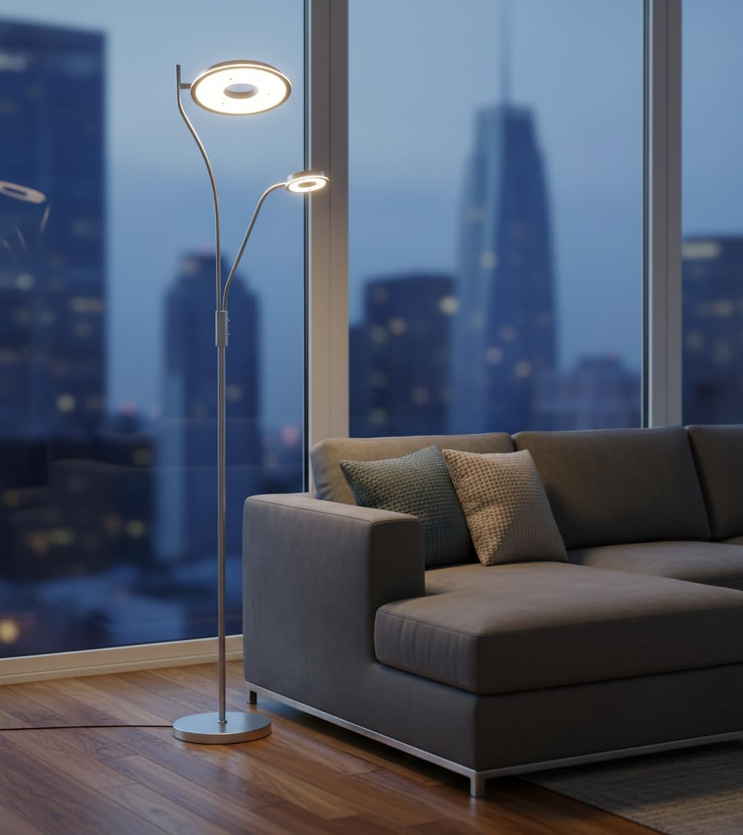 BEL AIR HOME - Lámpara de Pie GENOVA - 179CM Alto LED 28W+7W Dimmer Brazo de Lectura Orientable Luz Ajustable 3000K 4000K 6500K Diseño Moderno Eficiencia Energética (PLATA)
