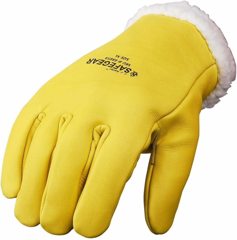 J. J. Keller & Associates, Inc. Winter Work Gloves, Cowhide Leather, Sherpa Lined, Yellow, SAFEGEAR