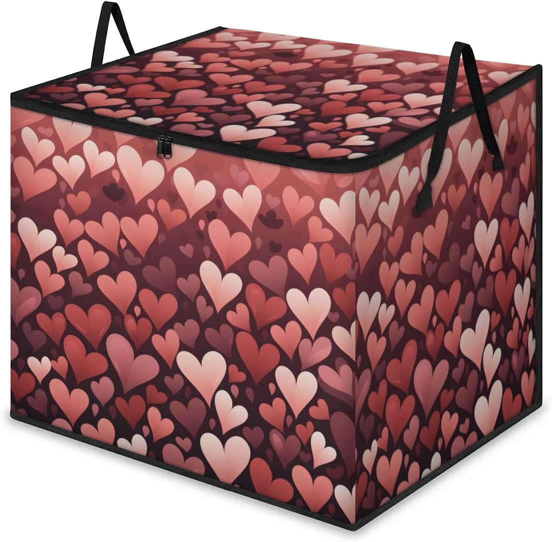 Honeybaby 214L Extra Large Comforter Storage Bag Hearts Day Valentines Storage Totes with Lids Waterproof Closet Organizer Folding Blanket Storage Bags for Clothes Bedding Pillows