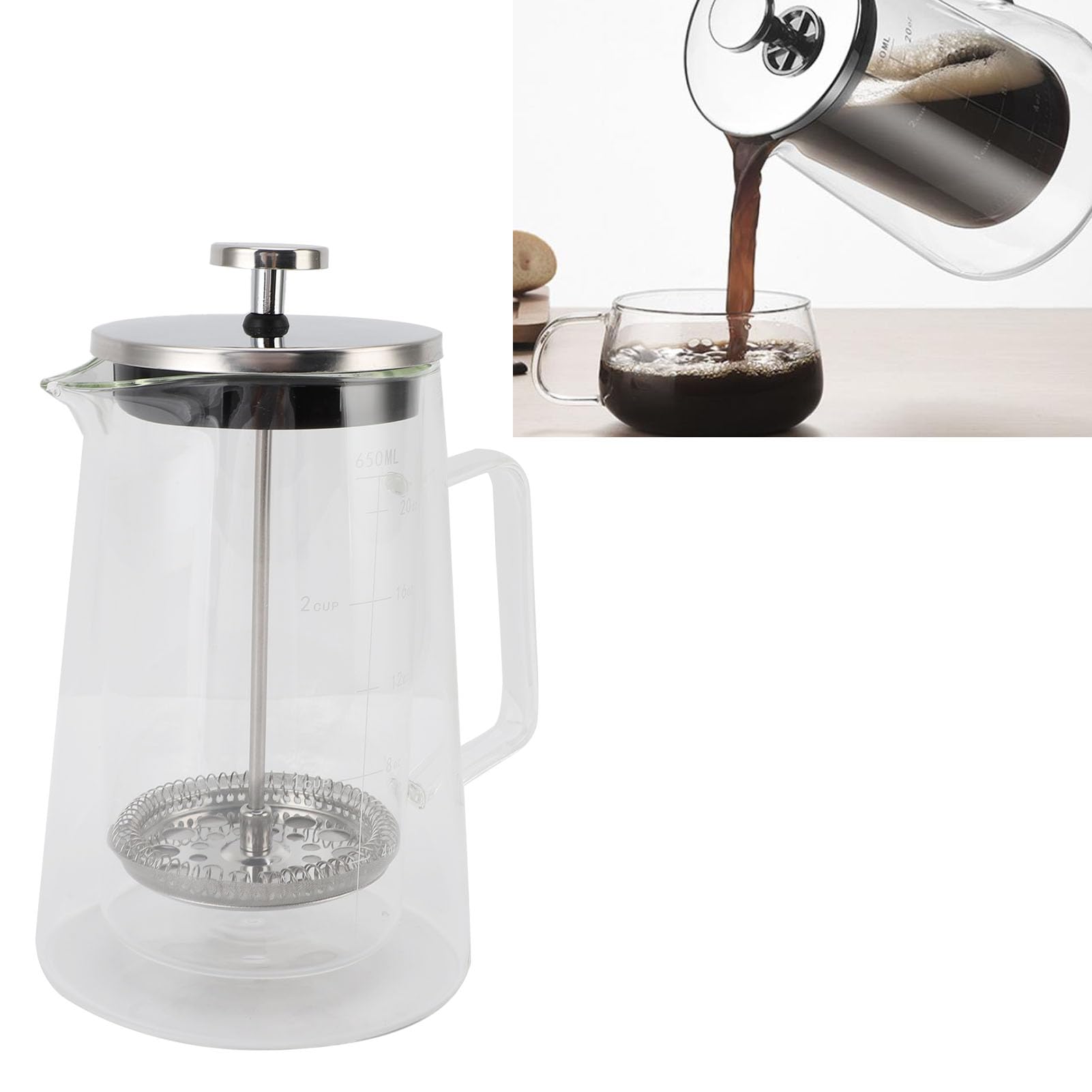 Cafetière à pression française 650ML, verre à haute teneur en Borosilicate, Double paroi, cafetière à pression française pour le brassage à domicile et au bureau
