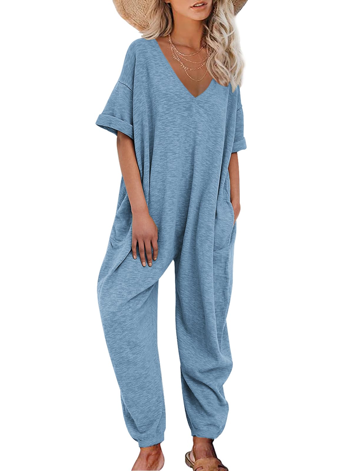 Nirovien Women's Solid Color V Neck Jumpsuits Casual Half Sleeve Long Rompers Beam Foot Baggy Overalls