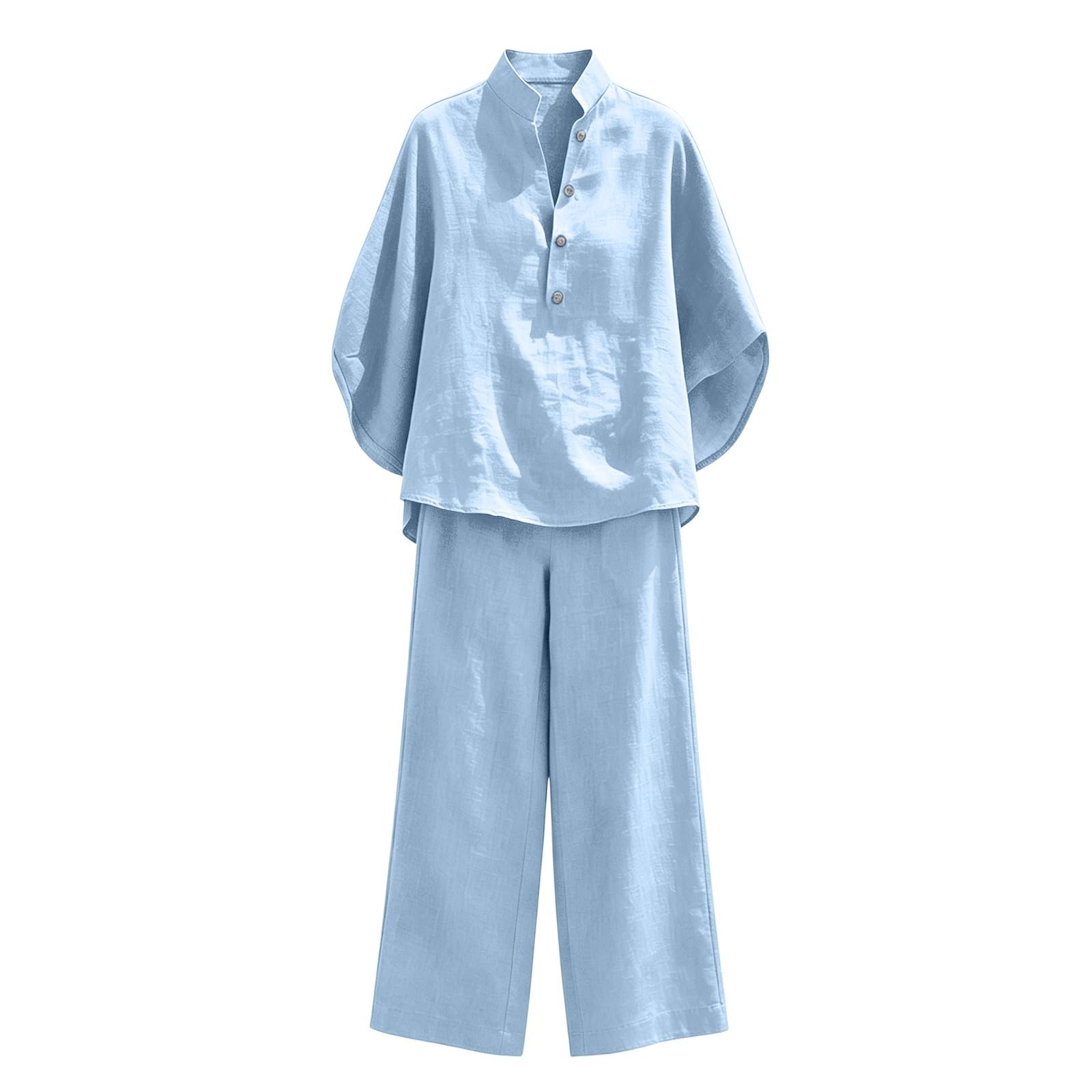 Générique Ensemble Femme Chic Et Elegant en Lin Grande Taill Ete Deux Pièces Chemise Manches Courts Col V Et Décontracté Pantalon Taille Tenue Couleur Unie Ensemble Pantalon Léger de Plage Jogging