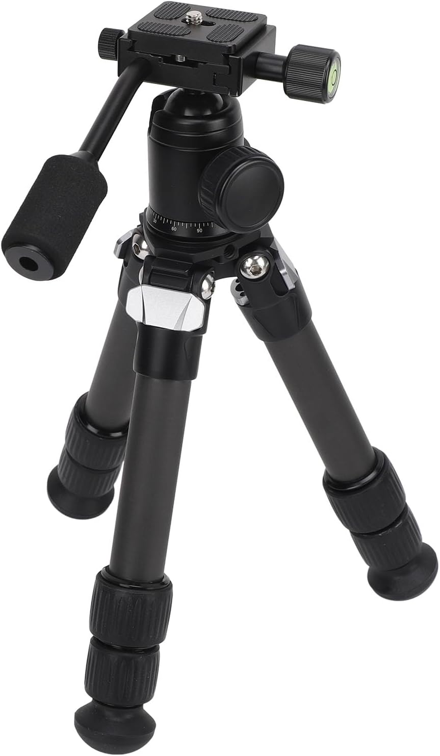 Mini Tripod, Foldable Carbon Fiber with 360 Degree Ball Head and Bubble Level for DSLR Camera, Compact Travel Desktop Tripod with 1 4 Inch Screw Load Up to 13lb