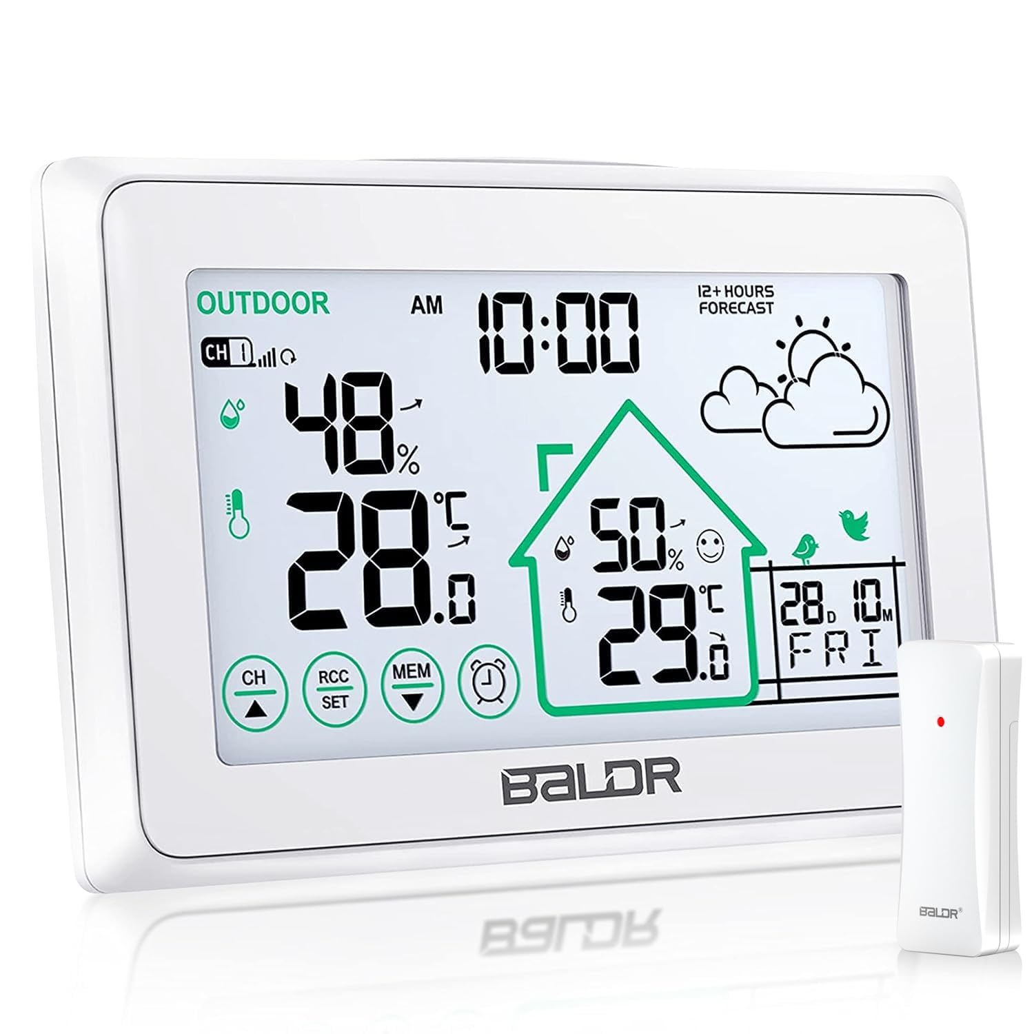 BALDR Wetterstation Funk mit Außensensor, Digital DCF-Funkuhr Innen und Außen Thermometer Hygrometer mit Wettervorhersage, Funkthermometer mit Batteriebetrieben Wetterstation, weiß
