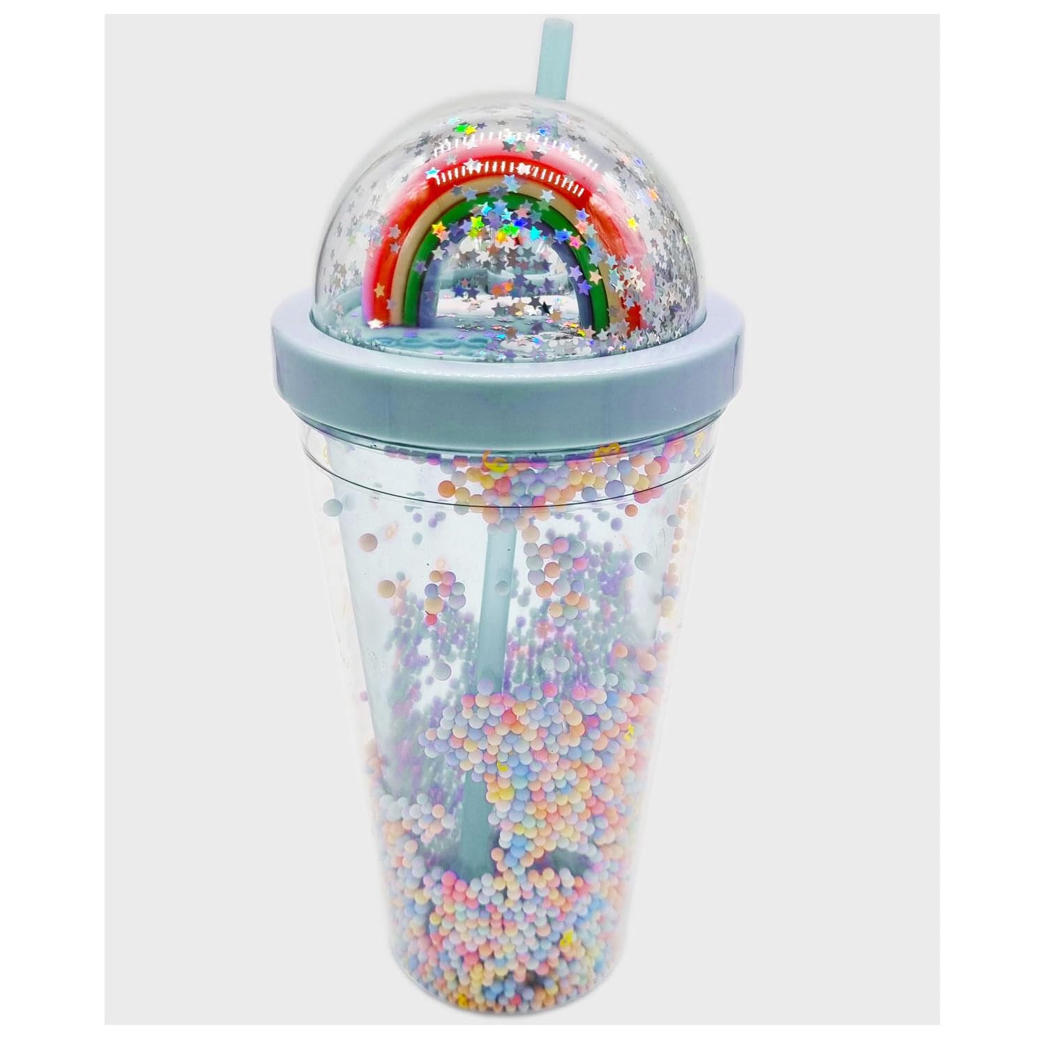 IKTU Double Wall Rainbow Water Bottle For Girls Shiny Glitter Tumbler | For Girls & Boys, School & Coaching | Gift For Kids, Plastic (Blue OR Green, 550 Ml, Pack of 1)