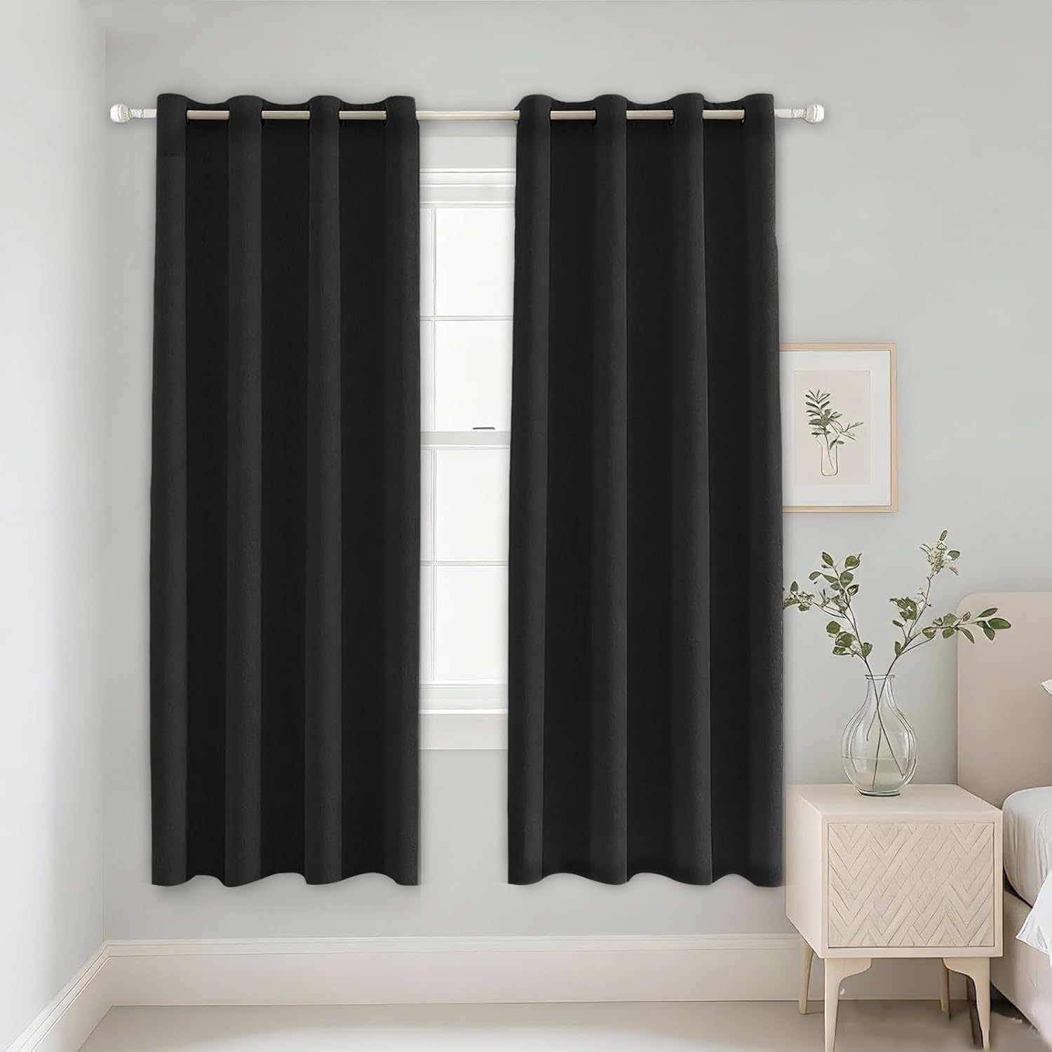 Alaoo 100% Blackout Curtains for Bedroom, 2 Panels 46 x 54 Inch Thermal Insulation Blackout Curtains with Black Liner, Eyelet Curtains for Bedroom Living Room, Black
