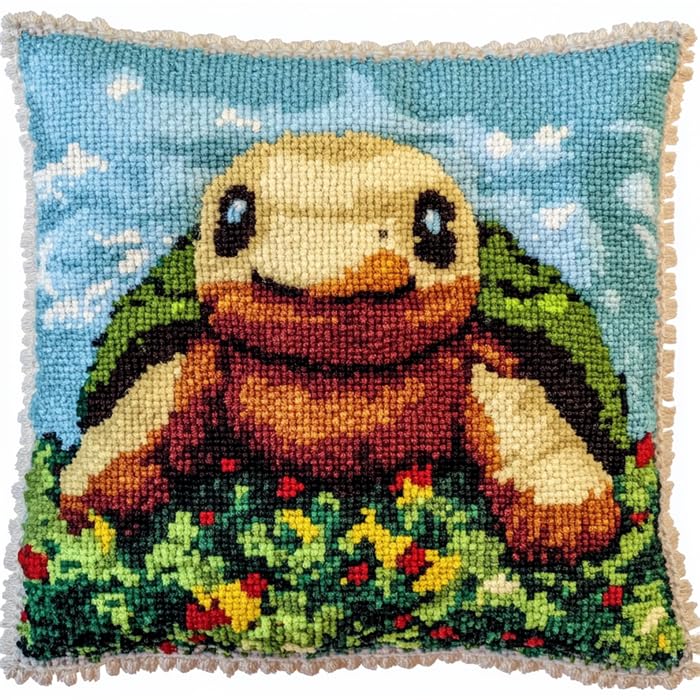 Kit broderie tortue verte toile canevas imprimée et crochet ergonomique