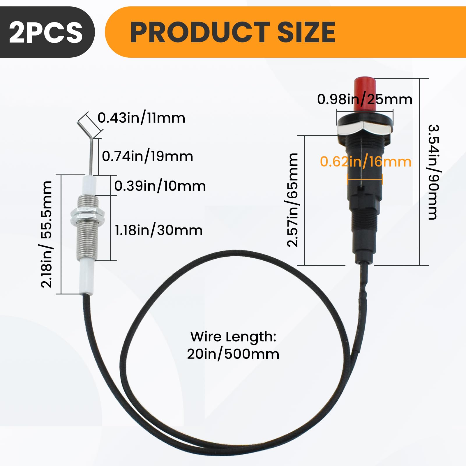 Juego de 2 encendedores piezoeléctricos de botón de propano, encendido piezoeléctrico con cable de 20 pulgadas de largo y electrodo de cerámica para parrilla de gas, estufa, horno, quemador de