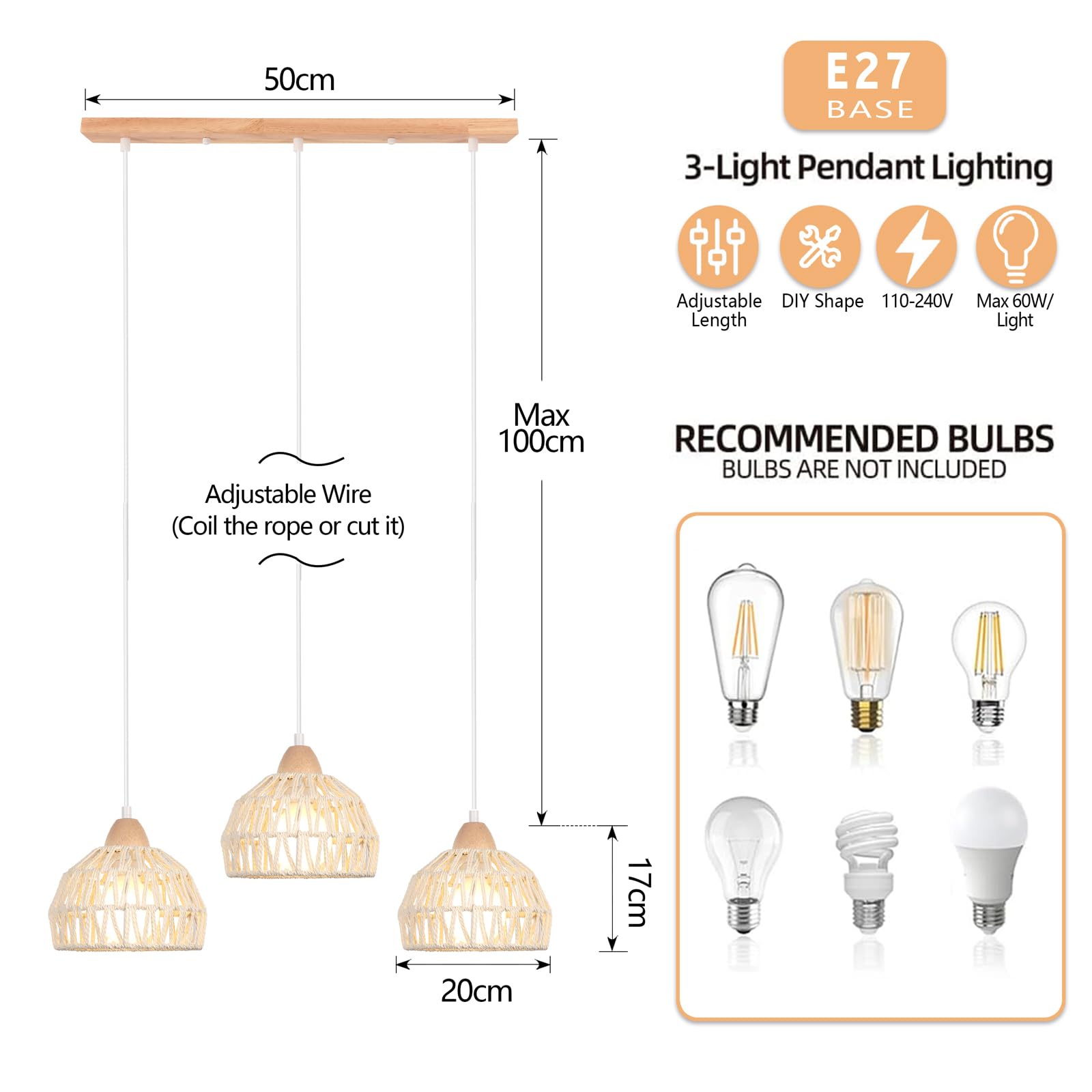 iDEGU Vintage Pendelleuchte 3-flammig Kronleuchter aus Holz Rattan Lampenschirm 20cm E27 Hängeleuchte Dekoration Retro Hängelampe für Esszimmer, Schlafzimmer, Wohnzimmer, Küche (Cremeweiß, Balken)