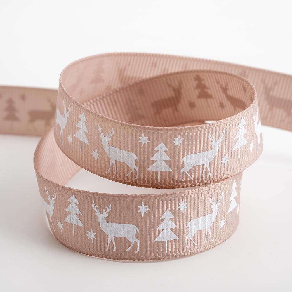 Italian Options Stag Christmas Grosgrain Ribbon, Taupe Christmas Ribbon for Crafts, Gift Wrapping, Wreaths, Tree Decorations, Hair Bows, Taupe, 16 mm x 5 Metre Roll