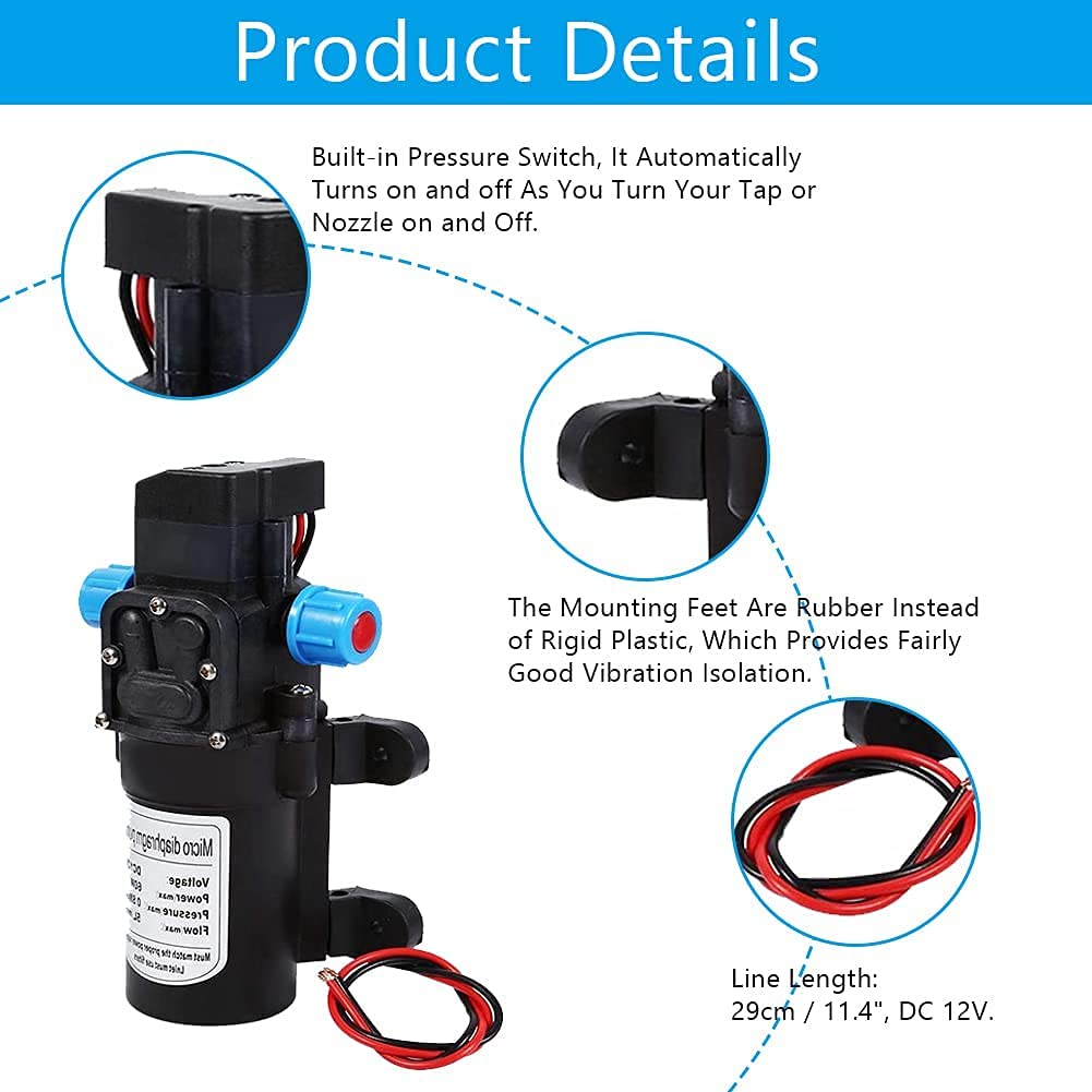 Pompe à Eau Sous Pression 12V, 60W, Automatique Haute Pression, 5L/Min, Pompe à Membrane, 9,9 x 16,7 cm, pour Tuyaux 8mm Intérieur 12mm Extérieur