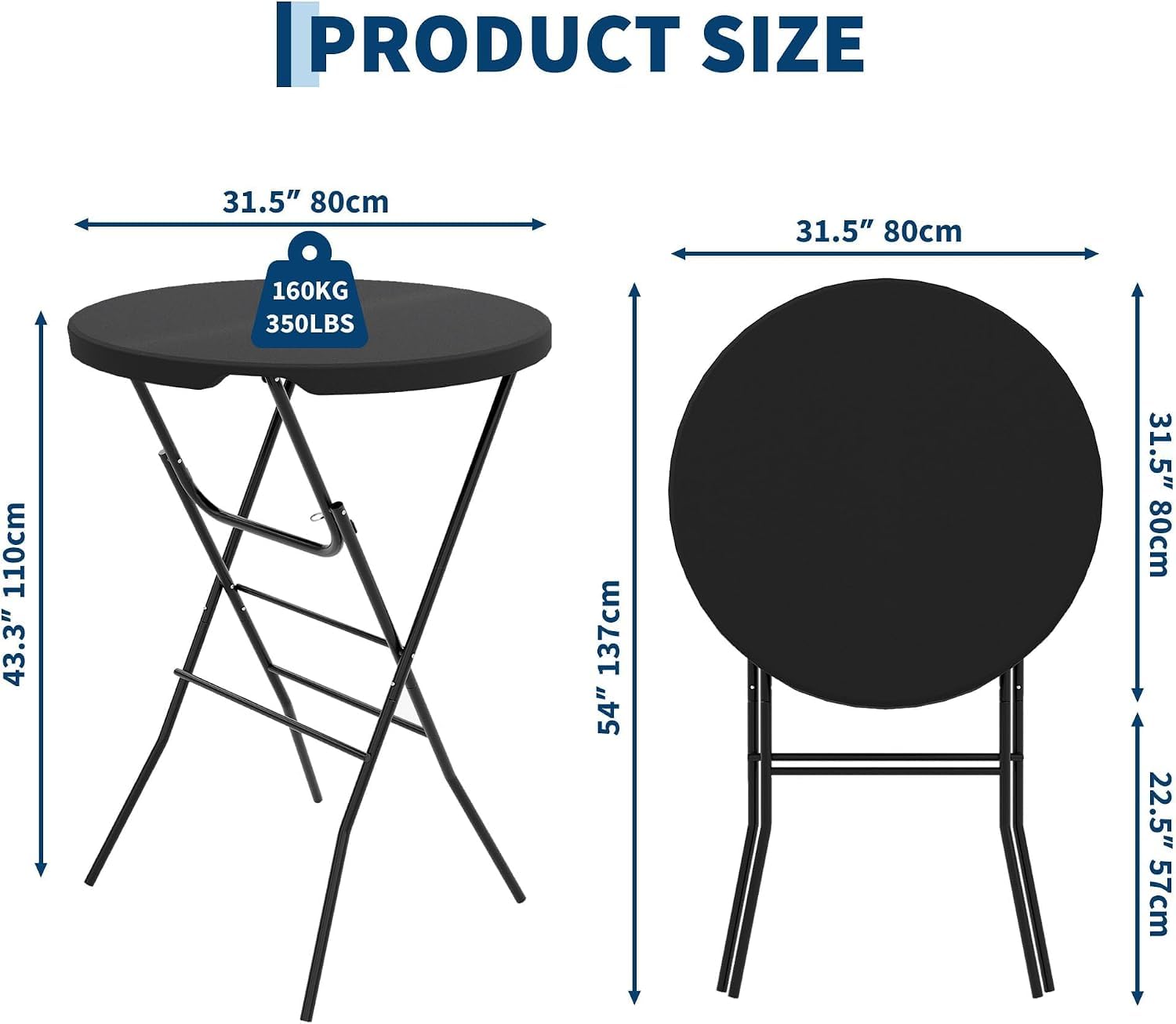 2 Set Klappbarer Stehtisch Rund 80cm x 110cm HDPE Tischplatte Wasserdicht Bistrotisch Bartisch Robust Outdoor Gastro Party Garten Hochzeit, Schwarz