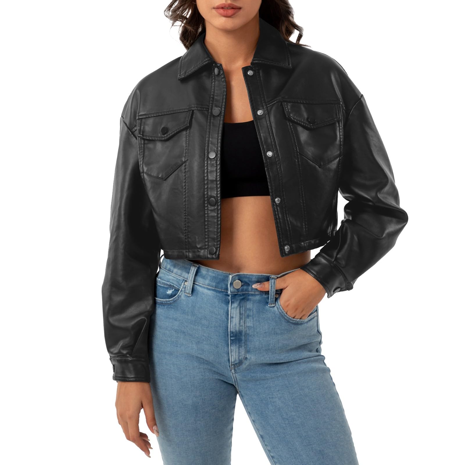 Lederjacke Damen Kurz Damen-Jacken Mode Leder Jacke Damen Motorrad Mantel Damen Einfarbig Frauen Kunstlederjacke Moto Biker Lederjacke Leicht Übergangsjacke Lederoptik Kurzmantel Mit Knöpfen