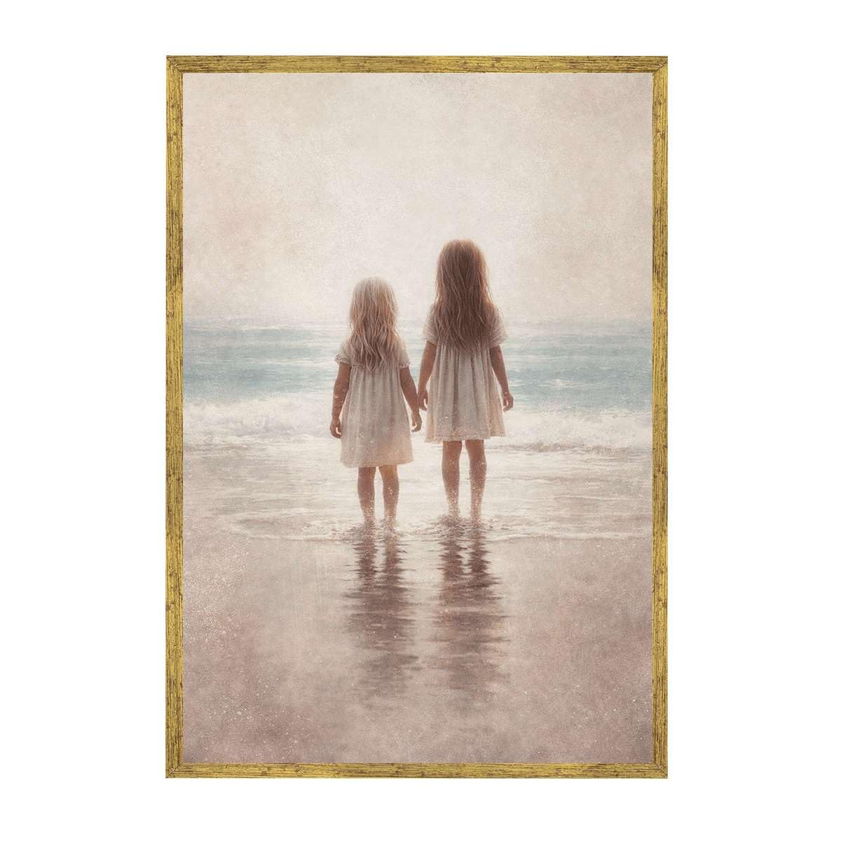 Framed Sisters at the Seashore Poster Canvas Print Art Vintage Minimalist Aesthetic Wall Art Painting Pictures Elegant Home Decor for Living Room Bedroom Wall Decoration (Gold Framed,24L x36W)