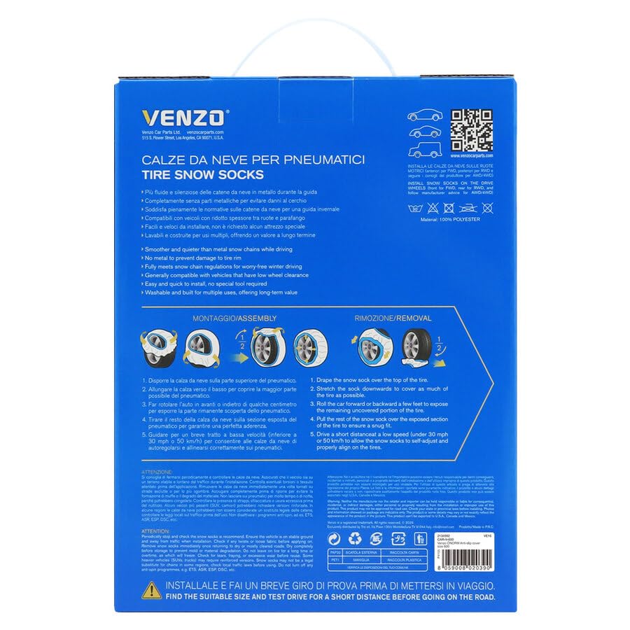 VENZO Calze da Neve per Auto Omologate EN16662-1| Coppia Dispositivi Antiscivolo per Pneumatici - Alternativa a Catene da Neve | Trazione Sicura su Ghiaccio e Neve | Montaggio Rapido (697)