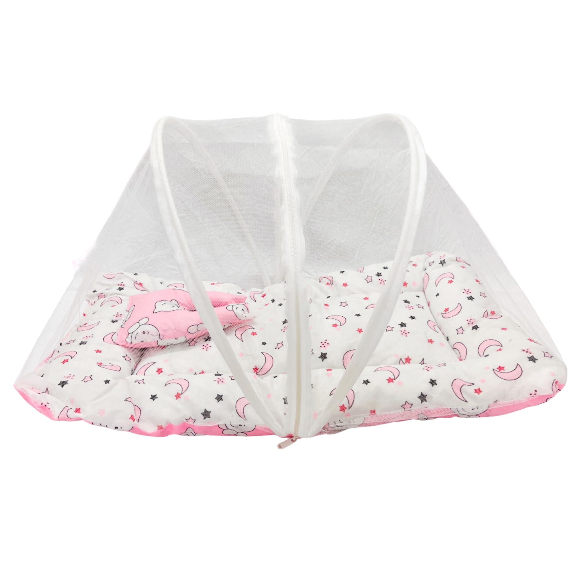 Baby Bed Mattress with Mosquito Net Pink | Indoor Sleep Rest Use | Cotton Fabric Mesh Net Soft Filling Flat Base for Newborn Infant Toddler Daily Sleep Support