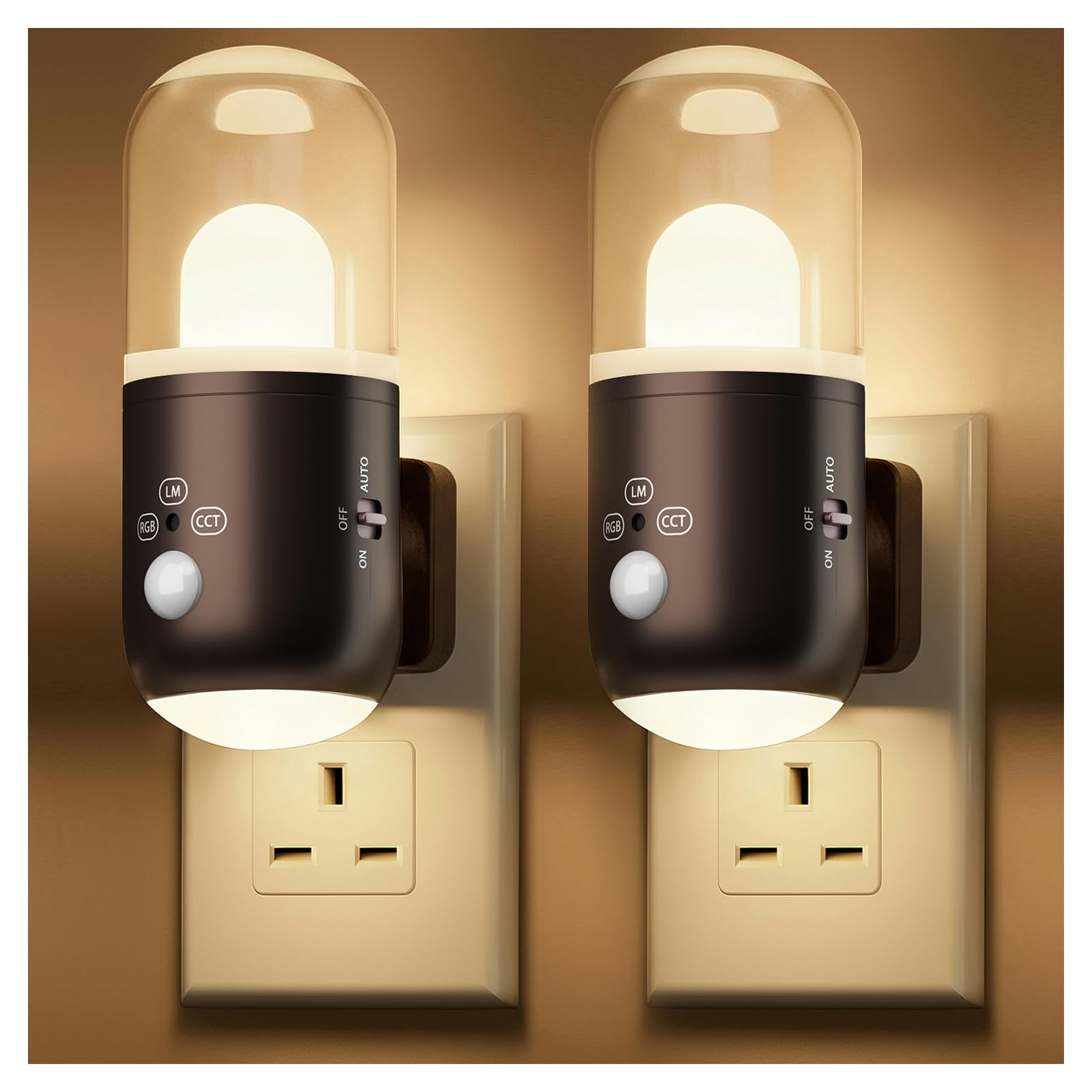 SuglanBee Night Light Plug in Wall with Motion Sensor & Dusk to Dawn Sensor, 3 Color Temperatures,5-Level Dimming (20-240 LM) RGB LED Night Light for Bedroom, Hallway, Stairs(Coffee 2pcs)