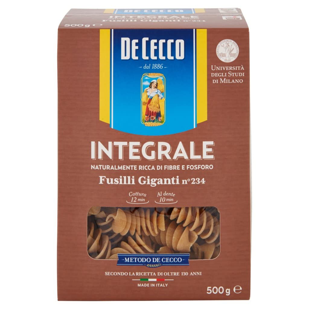 Italian Gourmet Pasta Fusilli giganti integrali n. 234 24 x 500g, Vollkorn | Formato grande; Hartweizengrieß aus ganzem Korn, kochstabil für sughi ricchi, Gesamtnettogewicht 12 kg + Kostenlos Polpa 400g