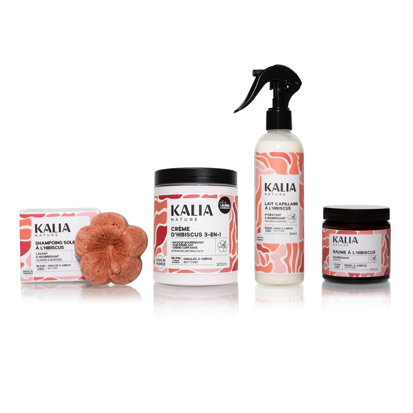 Kalia Nature - Routine Cheveux Crépus - Shampoing Solide, Crème 3-en-1, Lait Capillaire & Baume à l'Hibiscus - Coffret cadeau cheveux crépus - Nettoie, nourrit et sublime