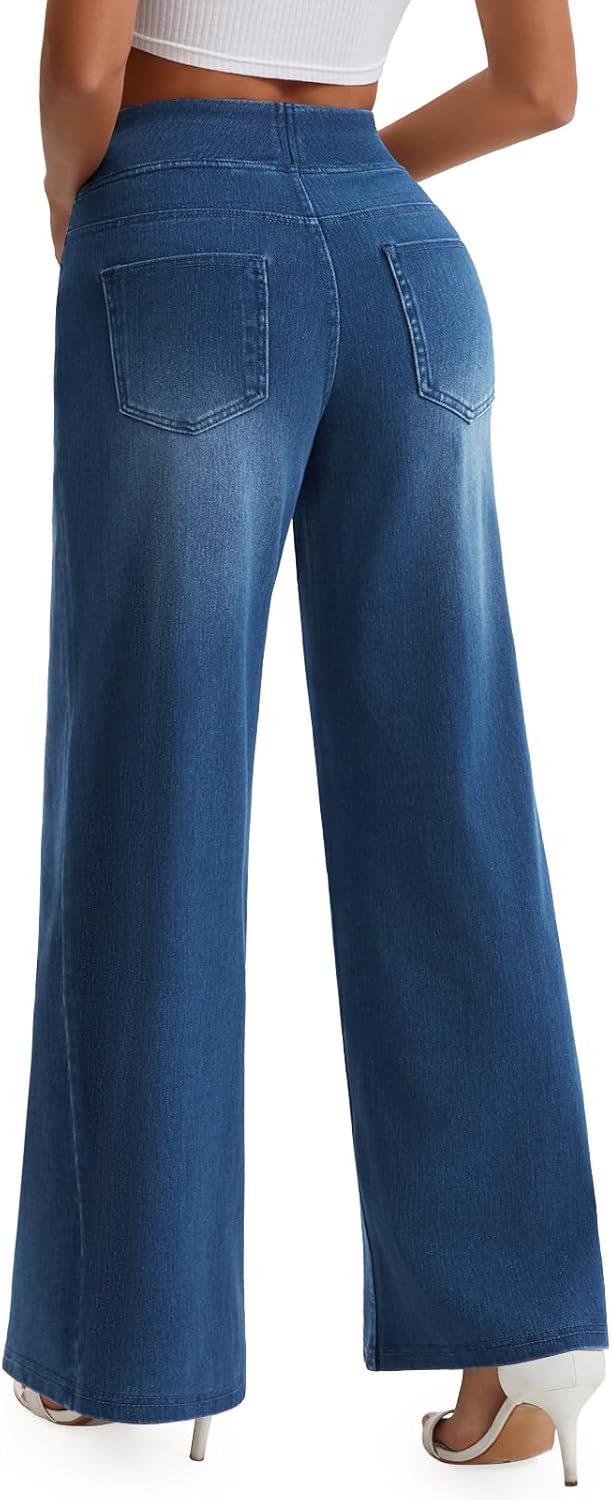 Jeavia Women's Wide Leg Jeans High Waisted Pull On Baggy Jeans Stretchy Elastic Waist Sweatpant Trendy Loose Denim Pants - Image 2