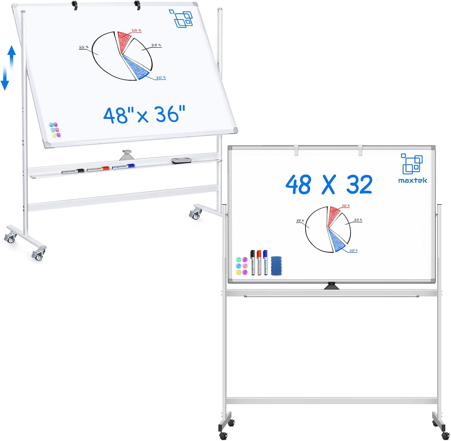 Large Rolling White Board, 48 x 32 inches and 48 x 36