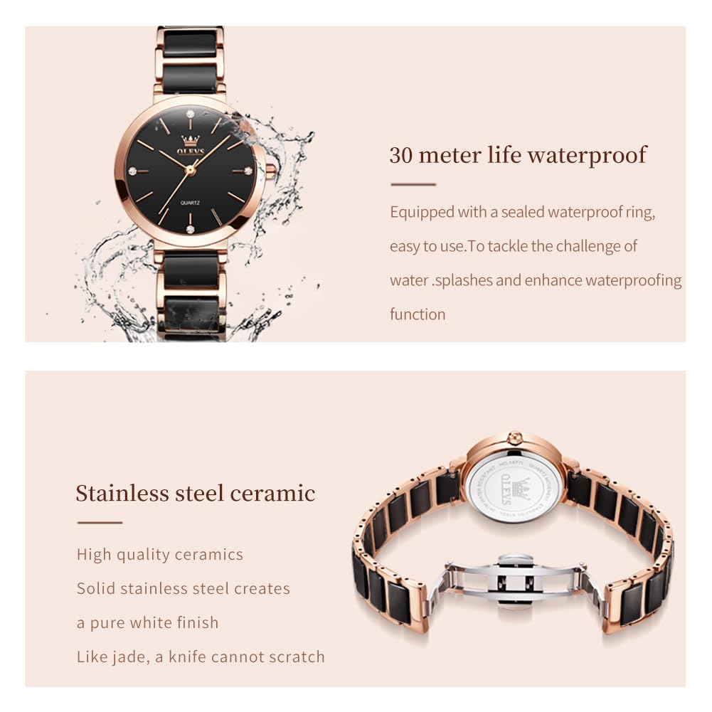 Damenuhr, Roségold Keramik Edelstahl-Uhr, 30mm Kleines Zifferblatt | Minimalistische analoge Quarzuhr, wasserbeständig, für schmale Handgelenke, Schwarz & Weiß – elegantes Geschenk für Damen