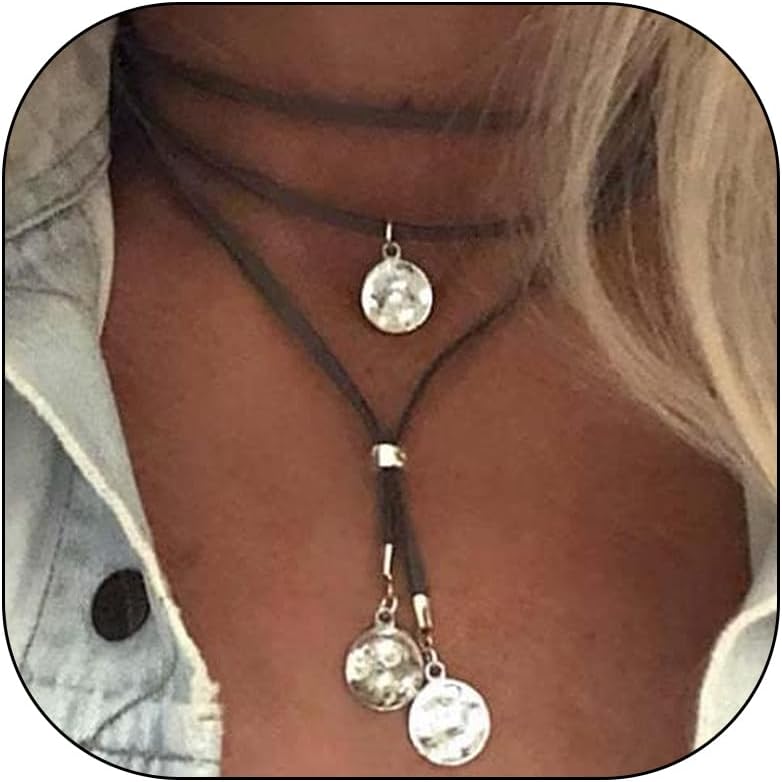 Boho Necklaces for Women Country Concert Outfits Black Choker Necklaces Trendy Long Necklaces Western Bohemian Jewelry Brown Suede Wrap Leather Necklace Halloween Renaissance Costume Women 2024