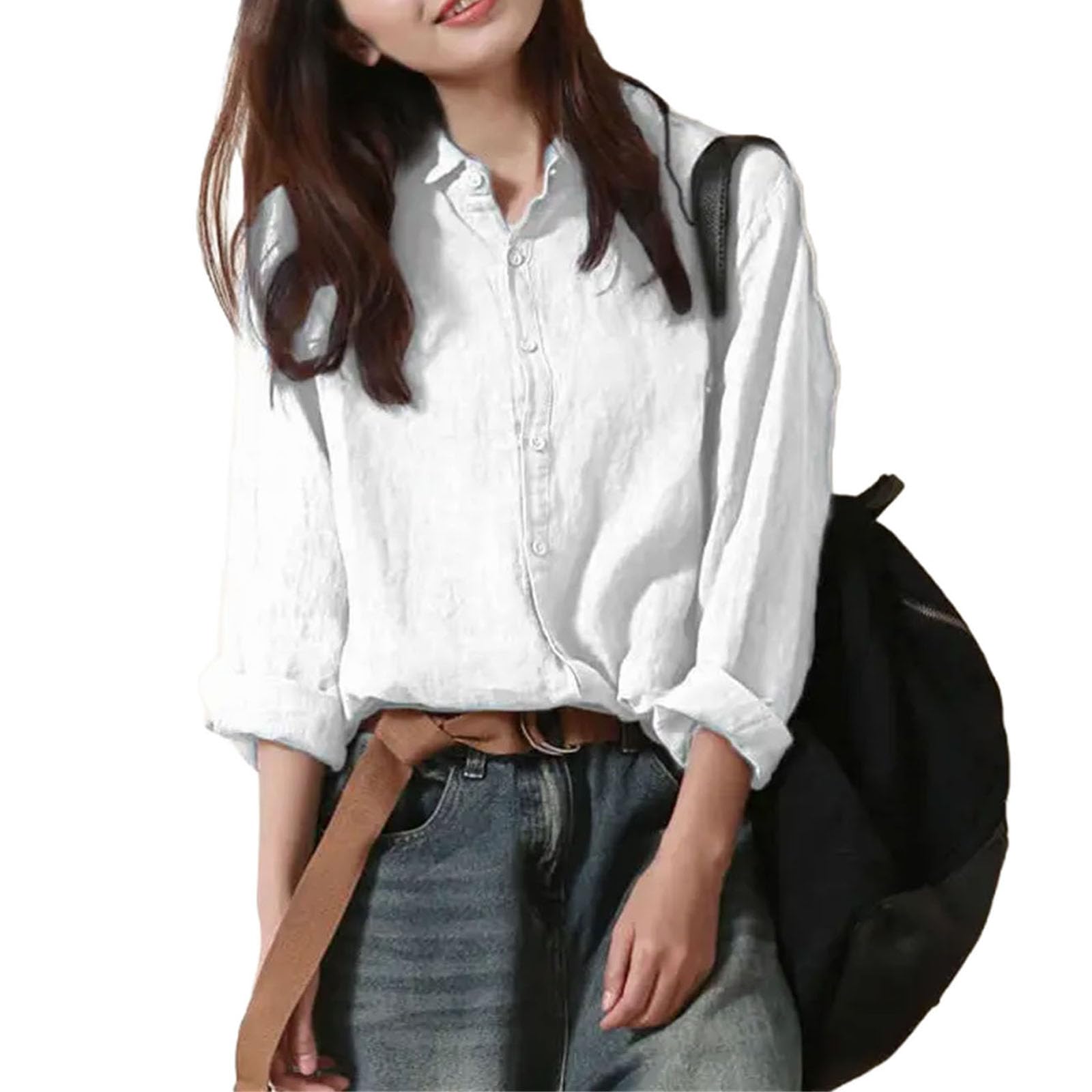 Blusas de manga larga de lino y algodón para mujer, estilo retro, con cuello abatible, informal, de manga larga