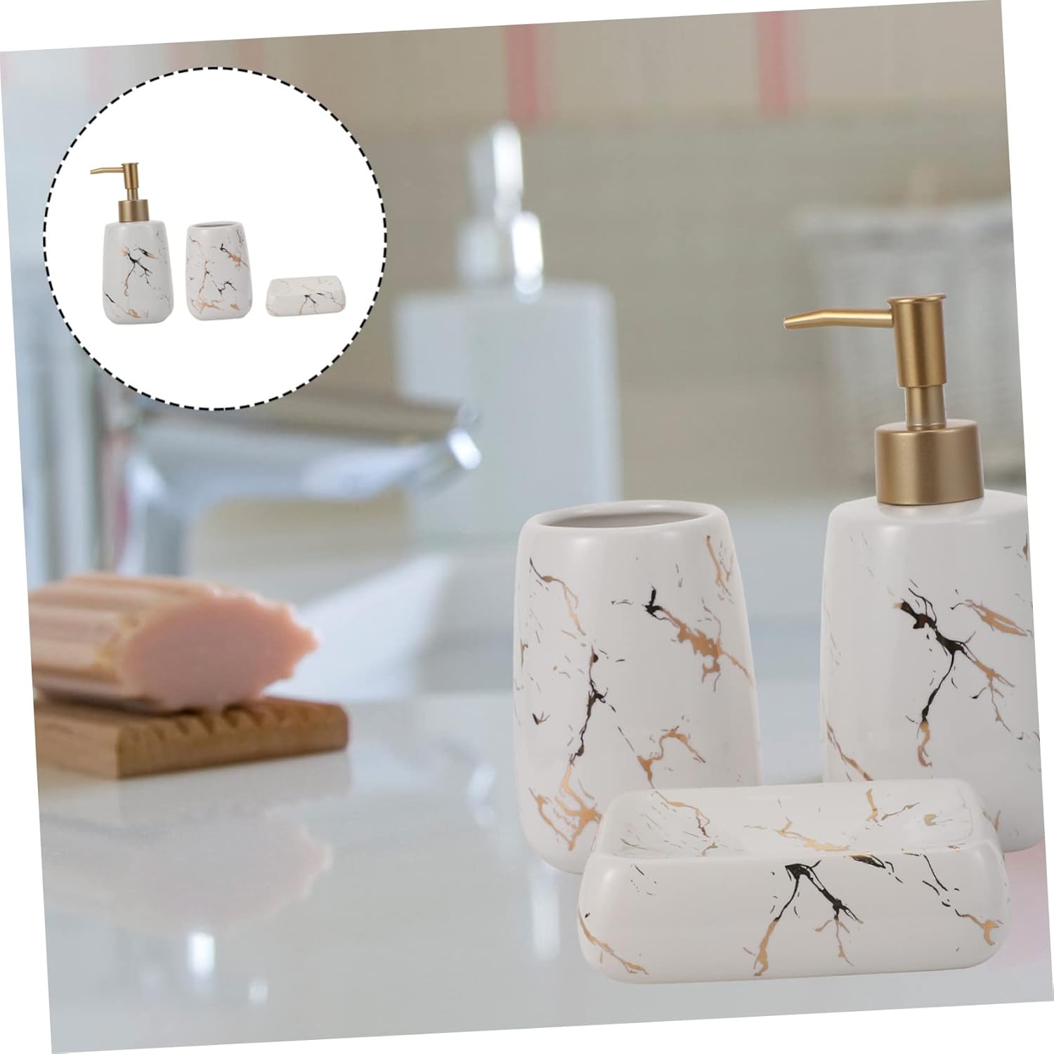 Healifty 3pcs Bathroom Accessories Glossy White Decorative Soap Dispenser Toothbrush Cup and Soap Dish Wash Cup for Organizing Toothpaste and Bathroom Essentials