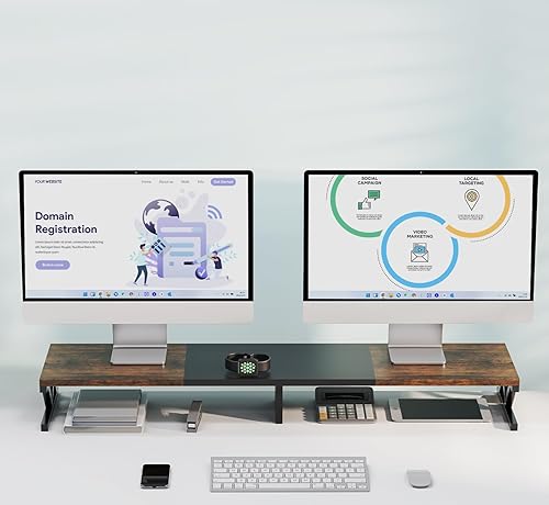 Miniatura 7 de Elevador de monitor doble, elevador de monitor de madera grande para 2 monitores, elevador de monitor con almacenamiento para escritorio, resistente