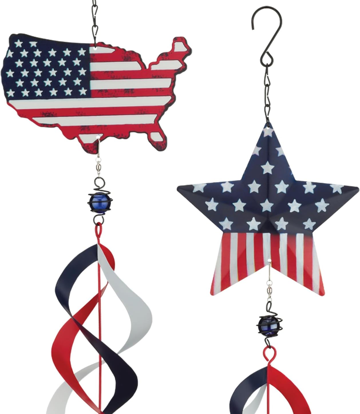 Regal Art & Gift Americana Hanging Wind Spinner Set of 2, Patriotic Kinetic Outdoor Decor, Weather-Resistant Polyester and Rubber Spiral Ornaments for Porch and Garden – 2Pc Star and Flag