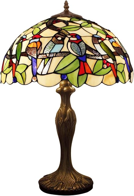 WERFACTORY Tiffany Table Lamp Bedside Stained Glass Birds Shade Metal Base 24" Tall Large Vintage Desk Light Friend Lover Memory Lamps Sympathy Bedroom Living Room Coffee Bar Antique LED Bulb Better