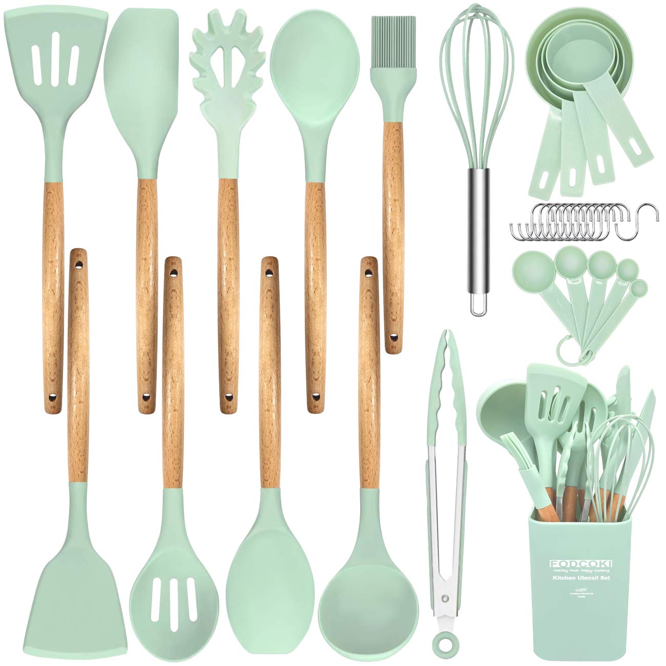 Silicone Cooking Utensils Set, 22pcs Kitchen Utensils Sets for Cooking with Wooden Handle, Measruing Tools, Holder, Non-st...