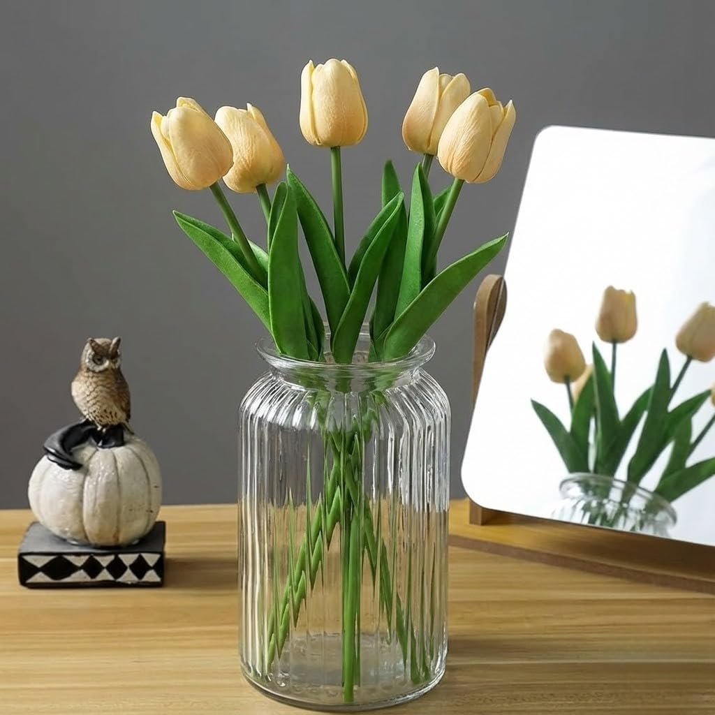 VENSA KINS Artificial Tulip Flower Sticks for Home Decoration Elegant Faux Flowers for Vases Ideal for Living Room Bedroom Office and Event Decor Long Lasting Washable Realistic Design (10, Mustard)