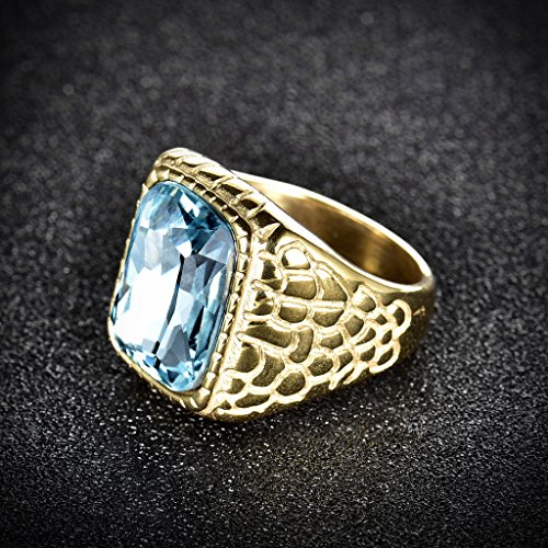 MASOP Engraved Stainless Steel Mens Ring Blue Synthetic Aquamarine Cubic Zirconia Gold Color Luxury2