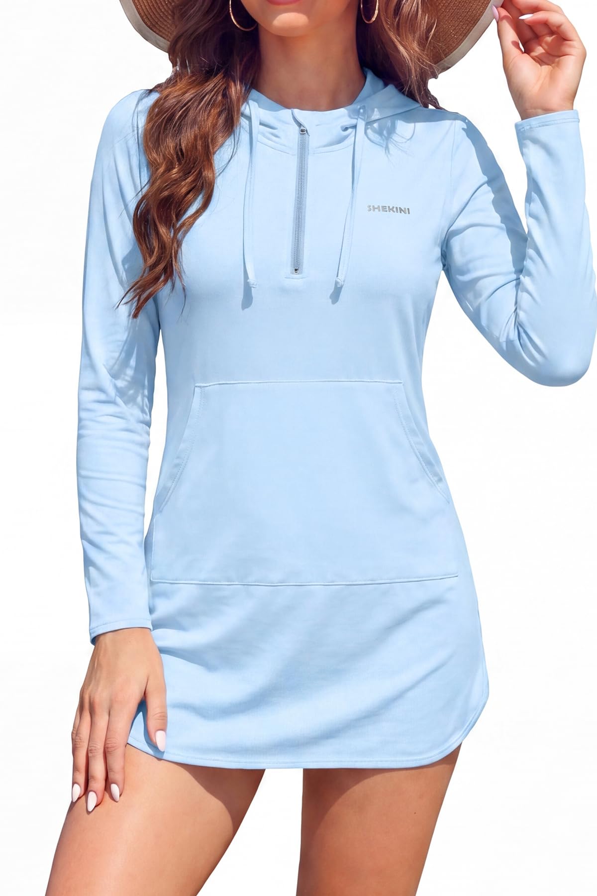 SHEKINI Maillot de Bain Manches Longues Femme Sweat à Capuche de Protection Solaire T-Shirt Rash Guard Haut de Surf Sportif