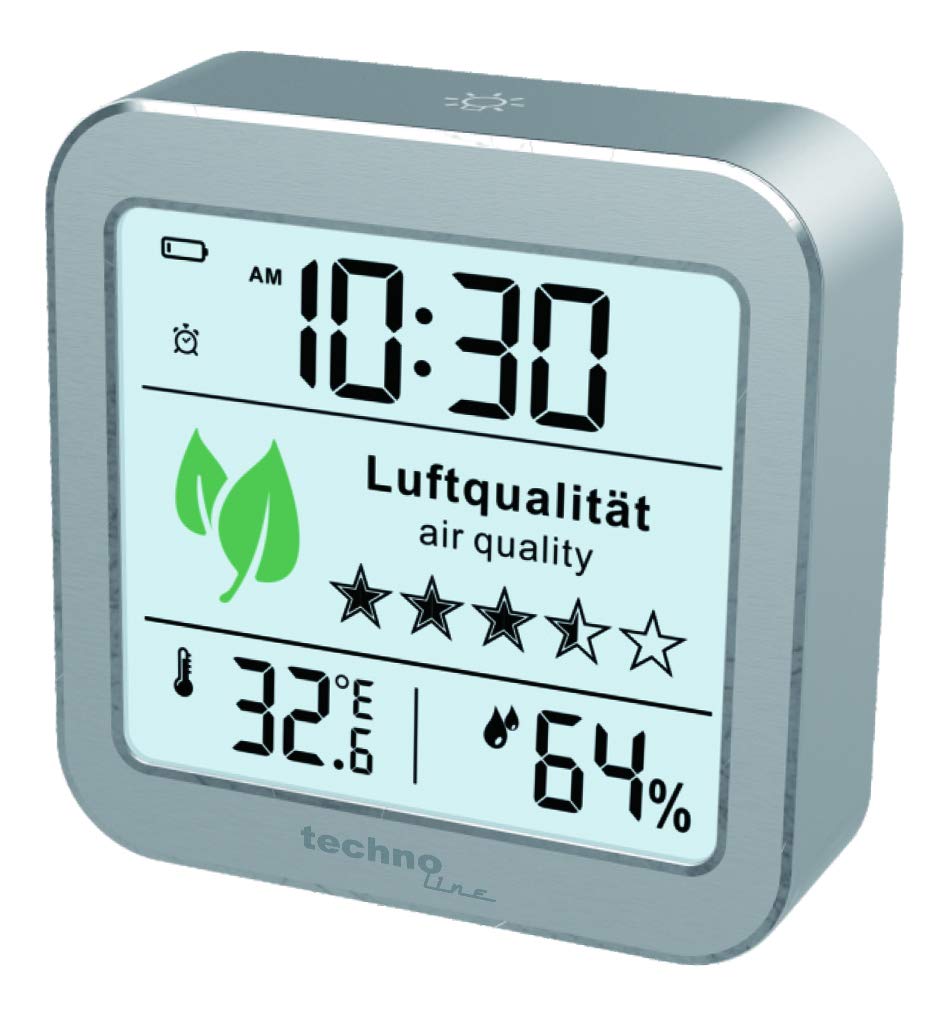 techno line WL1020 Moniteur de qualité de l'air ambiant, successeur du WL1005, Affichage de la température, Affichage de l'humidité, Alarme de Mauvaise qualité de l'air, Argent, Blanc