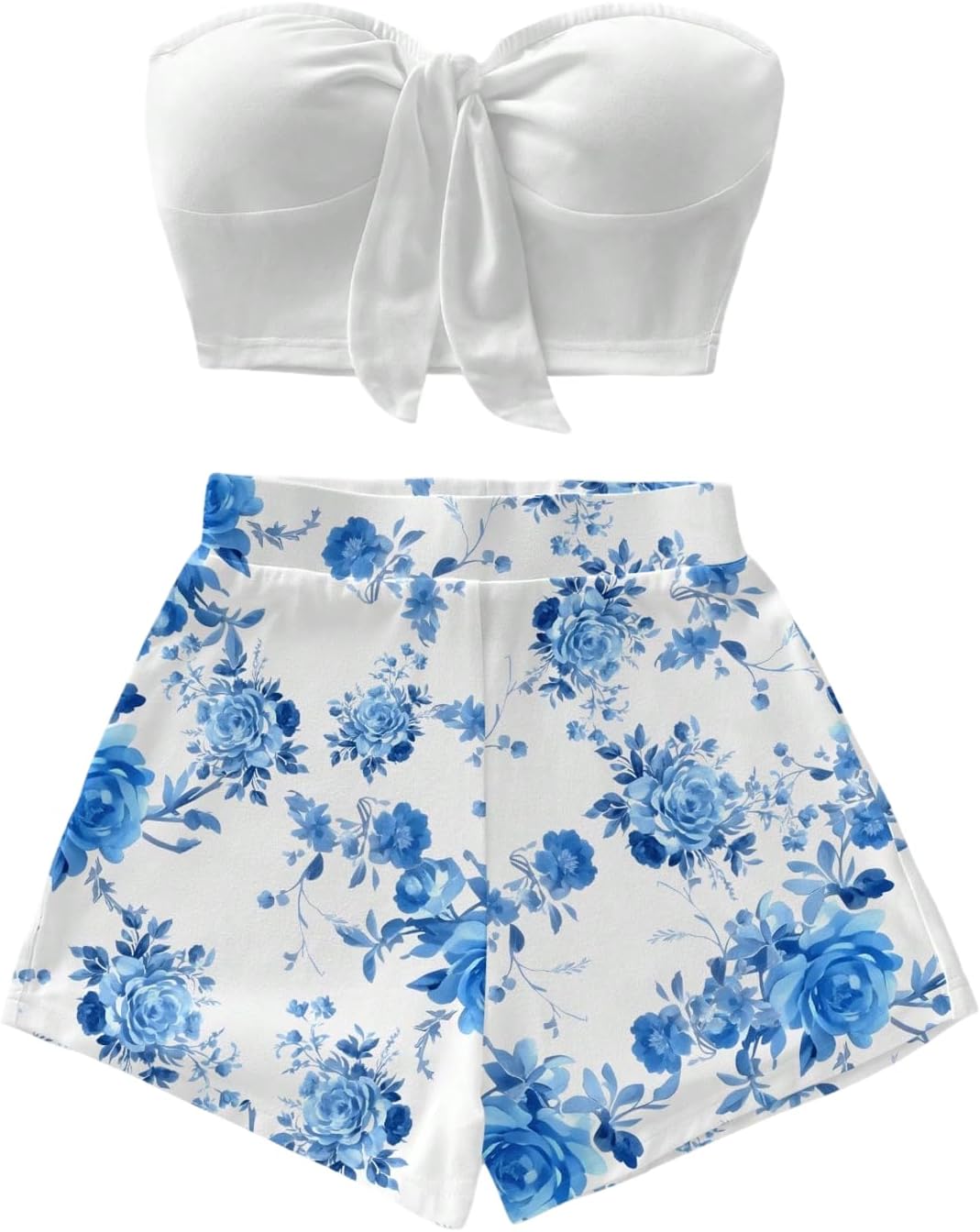 SHENHE Women's Two Piece Shorts Set Knot Front Bandeau Top Floral Shorts Beach Vacation Outfits